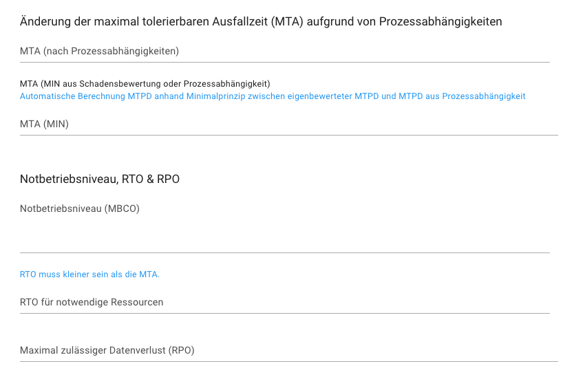 Documentation of RPO and RTO in the business process